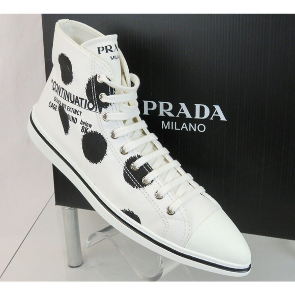 PRADA 1T618M WHITE BLACK POLKA CANVAS LOGO POINTY CAP HIGH TOP SNEAKERS 40 ITALY - Picture 11 of 15